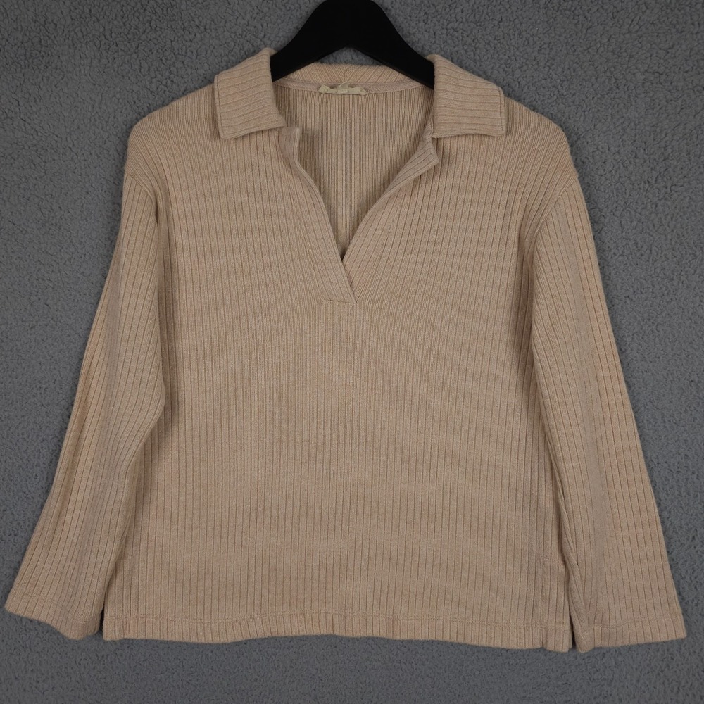 Madewell Shirt Women XXS Beige Rib Knit Relaxed Long Sleeve Polo Tee V Neck Fawn